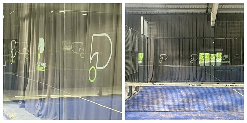 A collage of the glass wall graphics on the court.